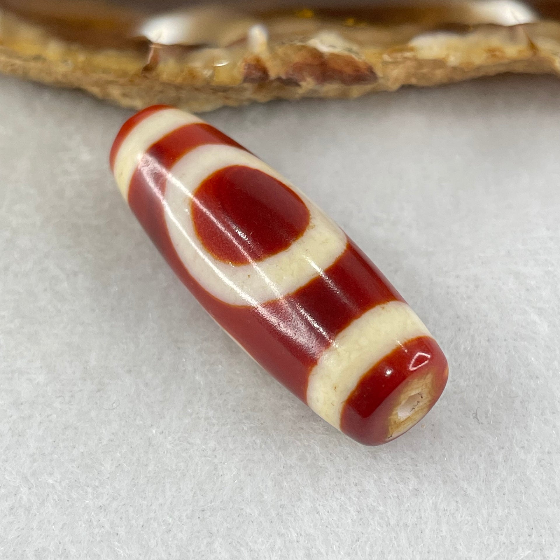 Natural Powerful Tibetan Old Oily Red White Agate One Eye Fire Sign Dzi Bead Heavenly Master (Tian Zhu) 一眼火天珠 10.31g 37.7 by 13.3mm - Huangs Jadeite and Jewelry Pte Ltd