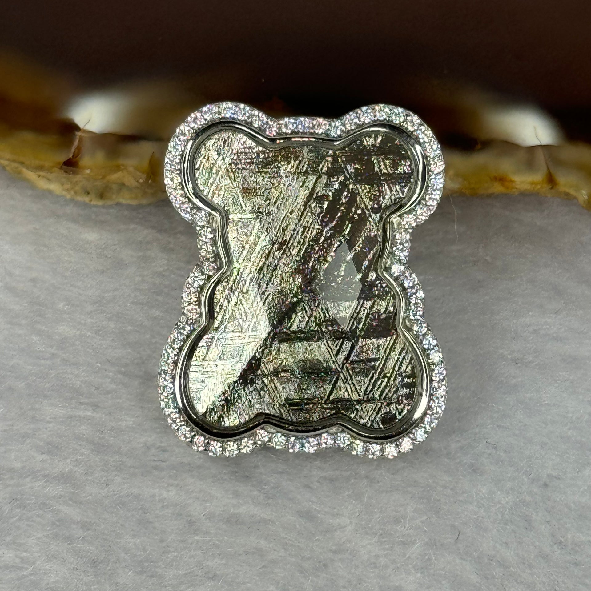 Natural Meteorite Bear Charm in S925 Silver with Crystals For Necklace / Bracelet (Sliver Color) 7.54g 26.2 by 21.4 by 8.5mm - Huangs Jadeite and Jewelry Pte Ltd