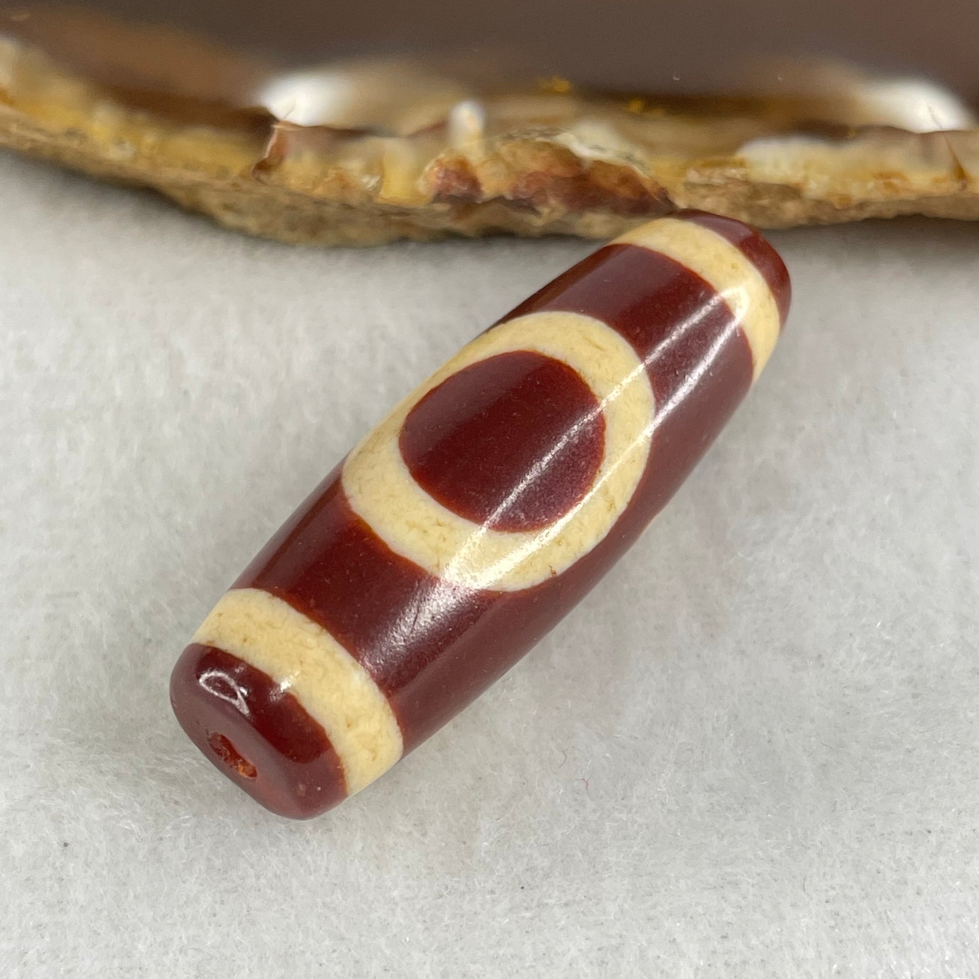 Natural Powerful Tibetan Old Oily Red White Agate One Eye Gold Metal Element Dzi Bead Heavenly Master (Tian Zhu) 一眼金天珠 10.23g 37.9 by 13.3mm - Huangs Jadeite and Jewelry Pte Ltd