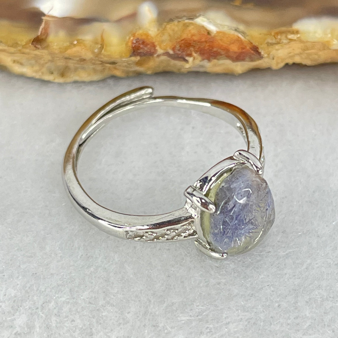 Rare Good Grade Natural Blue Dumortierite Rutilated Quartz in S925 Sliver Ring (Adjustable Size) 1.46g 8.3 by 6.9 by 3.5mm - Huangs Jadeite and Jewelry Pte Ltd