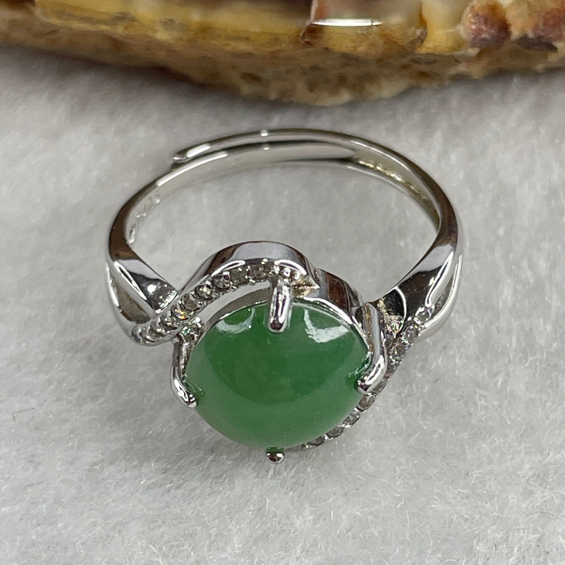 Type A Green Jadeite Ring in S925 Sliver with Cubic Zirconia 2.67g 9.5 by 8.7 by 4.0mm (Adjustable Size) - Huangs Jadeite and Jewelry Pte Ltd