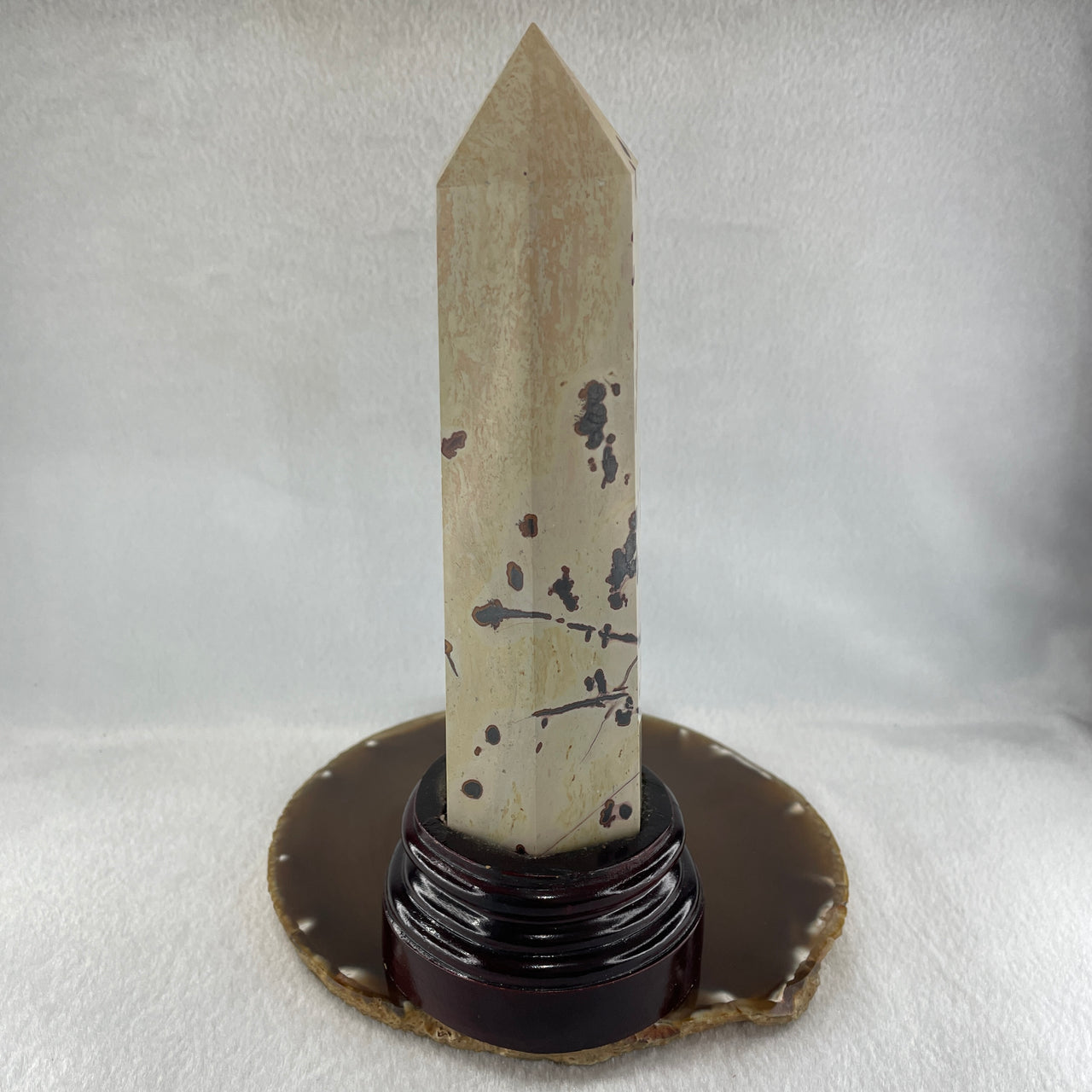 Natural Ligh Brown with Dark Brown Patches Dendritic Jasper Tower with Wooden Stand 681.17g 79.6 by 73.9 by 200.0mm - Huangs Jadeite and Jewelry Pte Ltd