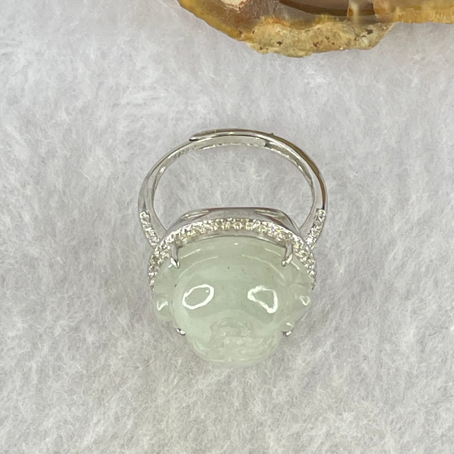 Type A Faint Lavender Green Jadeite Milo Buddha in S925 Ring (Adjustable Size) 6.28g 16.6 by 16.6 by 9.2mm - Huangs Jadeite and Jewelry Pte Ltd