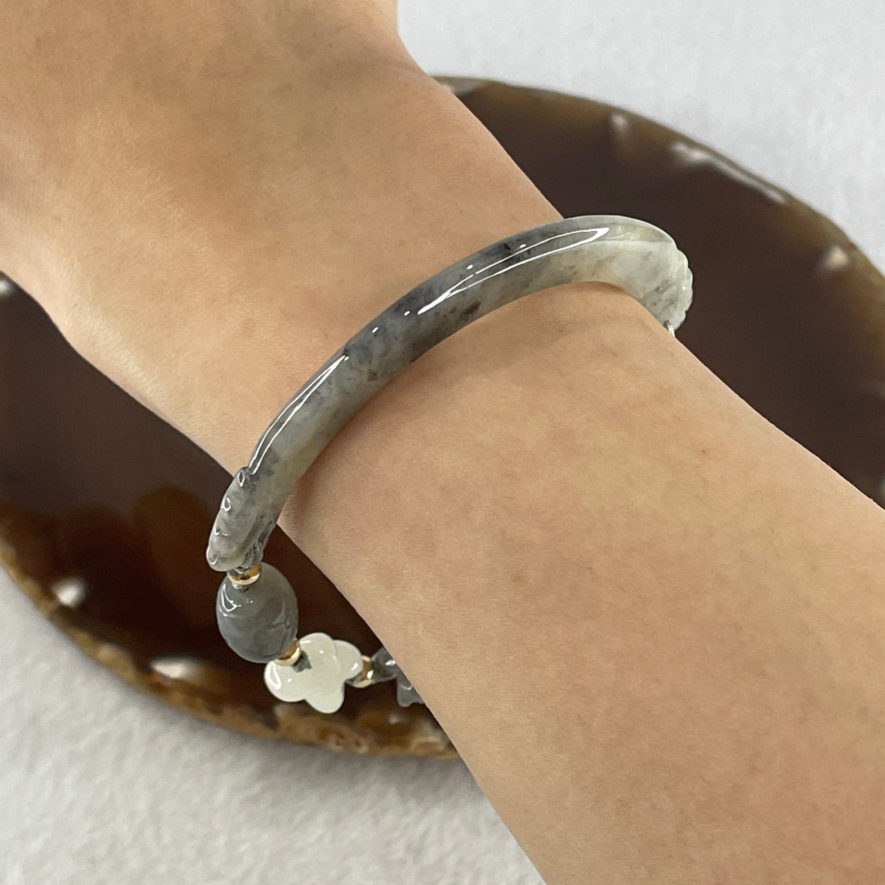 Natural Type A Jelly Wuji Grey Jadeite Double Dragon Head with Lotus Flowers and Butterfly Charm Bracelet 22.46g 4.2 by 8.7mm - Flower 21.1 by 17.2 by 9.7mm - Huangs Jadeite and Jewelry Pte Ltd