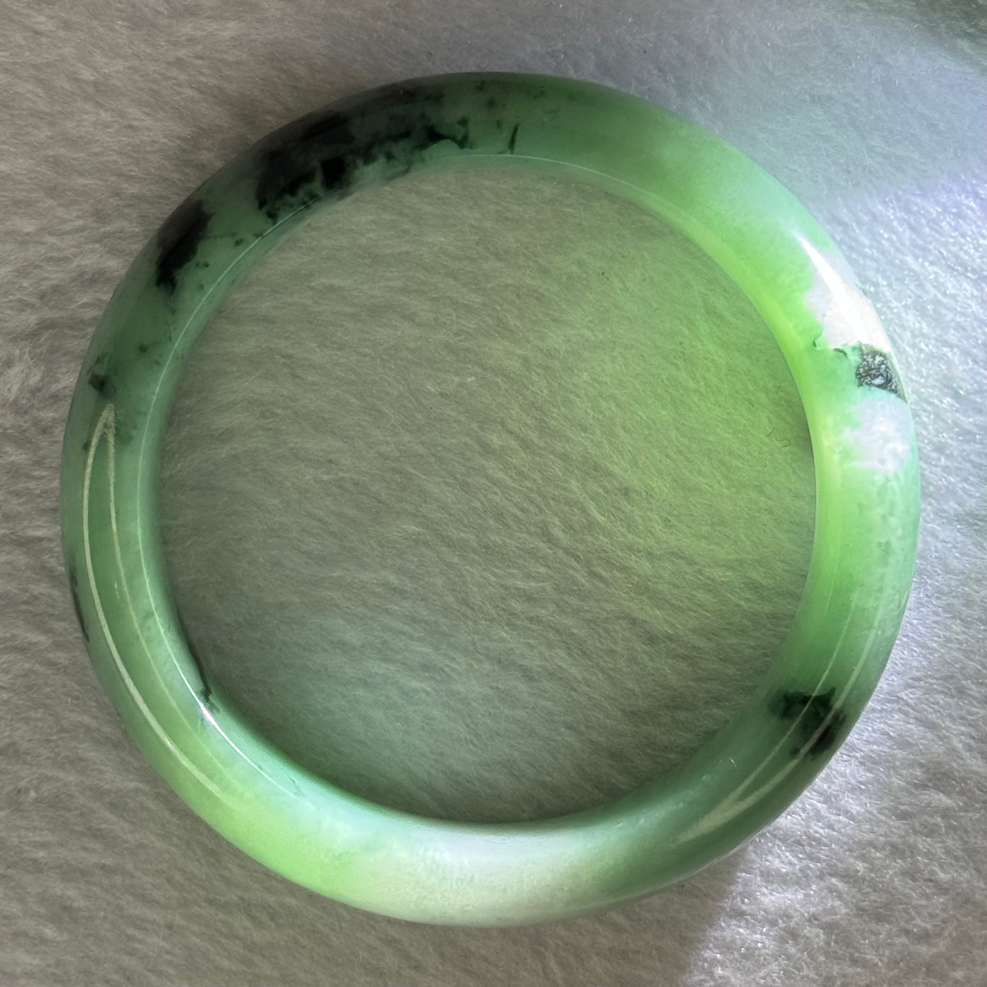 Type A Bright Green with Lavender Patch and Moss Green Piao Hua Jadeite Bangle Internal Diameter 55.1mm 61.38g 14.1 by 8.8mm - Huangs Jadeite and Jewelry Pte Ltd