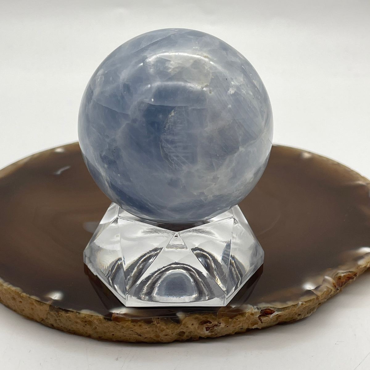 Natural Blue Calcite Ball with Clear Acrylic Stand Display | (315.99g | 58.0mm | 76.0mm | Catalyst, Clear Communication & Mindful Peace Anchor, 360° Energy Harmonizer & Feng Shui Tranquility Sphere)