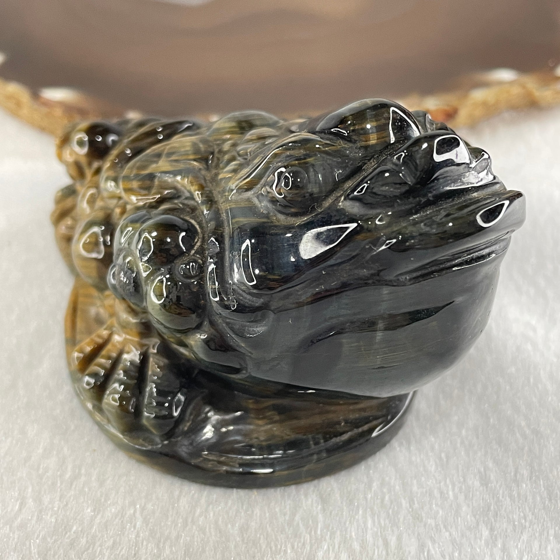 Natural Yellow Tiger's Eye Quartz 3 Legged Toad with Ancient Coin with Wooden Stand Display 412.4g 108.5 by 83.0 by 94.5mm - Huangs Jadeite and Jewelry Pte Ltd