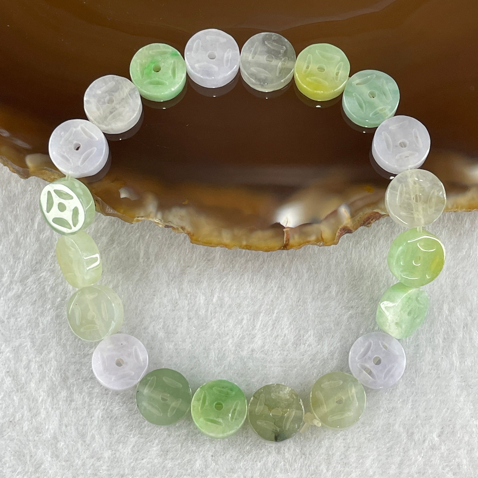 Natural Type A Light Green Light Lavender with Yellow Jadeite Ancient Coin Shape Beads Bracelet 11.58g 16cm 9.1mm 20 Beads - Huangs Jadeite and Jewelry Pte Ltd