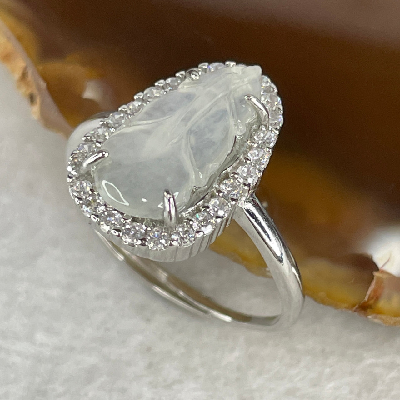 Type A Icy Pure White Jadeite Leaf Ring | Liquid-Glass Translucent Carving (Ye Zi) | Solid S925 Sterling Silver Setting | Smart Adjustable Sizing (2.46g 14.0x6.7x2.0mm)