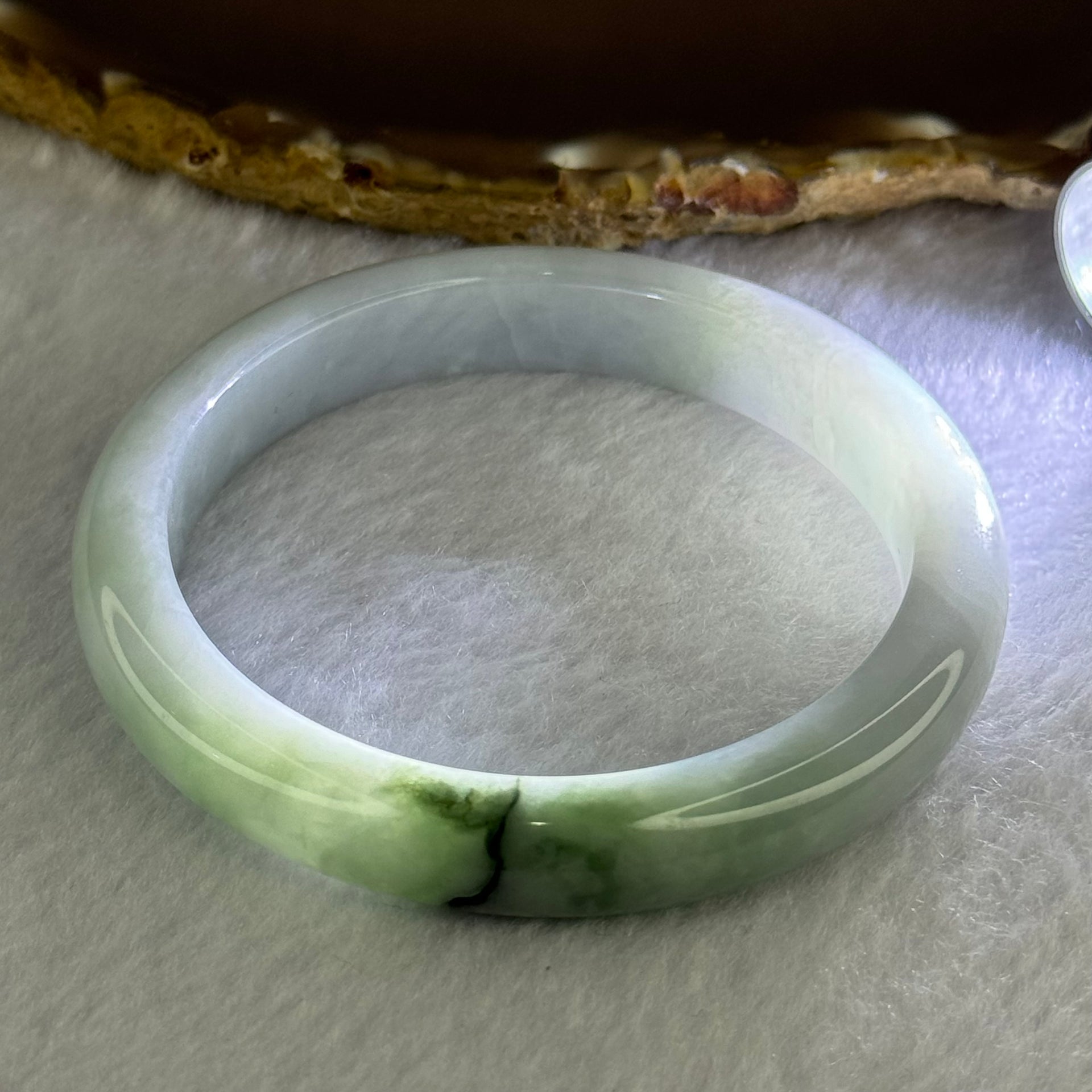 Type A Lavender with Light and Dark Green Patches Jadeite Bangle 48.57g Internal Diameter 58.2mm 11.1 by 8.0mm (Very Slight External Rough) - Huangs Jadeite and Jewelry Pte Ltd