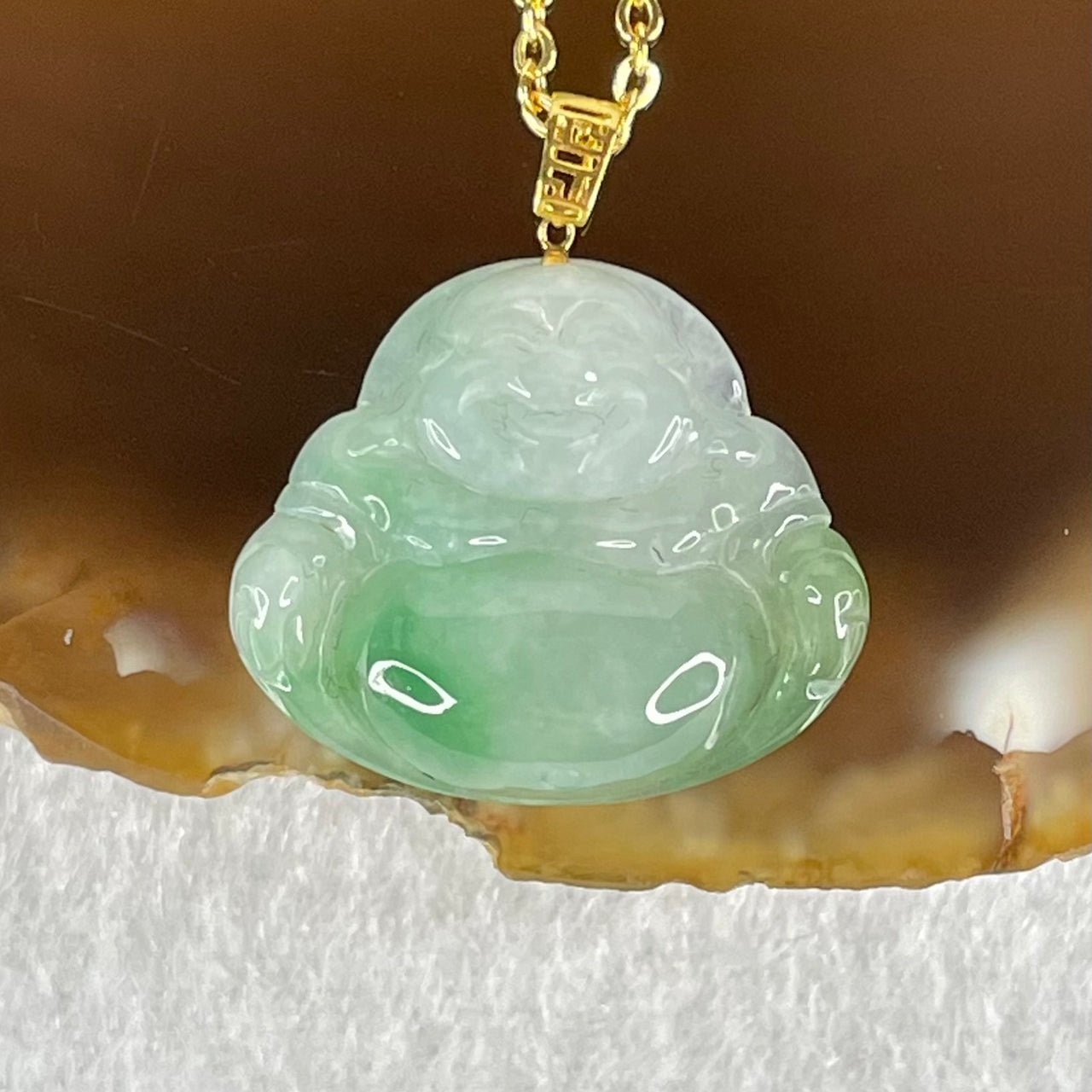 Type A Semi Icy Green with Lavender Piao Hua Jadeite Milo Buddha With 18K AU750 Gold Pendant with Gold Color Necklace 2.12g 16.2 by 19.0 by 4.7mm - Huangs Jadeite and Jewelry Pte Ltd