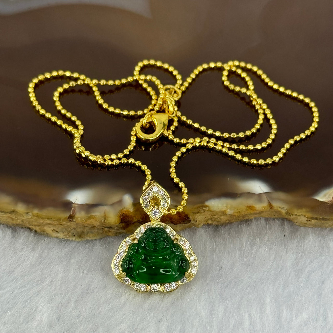 Type A Icy Green Omphasite Jadeite Milo Buddha 9.6 by 11.6 by 2.5mm Pendent in S925 Silver Gold Color Necklace 1.72g - Huangs Jadeite and Jewelry Pte Ltd