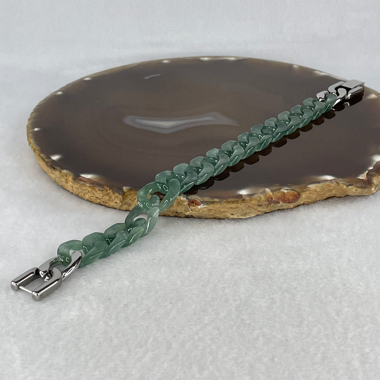 Certified Natural Type A Icy Dark Blueish Green Jadeite Cuban Tennis Bracelet with Stainless Steel Clasp 21.54g Up to 17cm 11.7 by 3.5mm 16 Pcs
