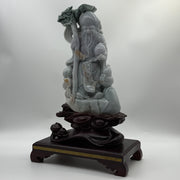 Type A Lavender, Green & Yellow Jade Jadeite Shou Xing Gong with Wooden Stand 财源滚滚 健康长寿 - 3.93kg Dimensions with Stand: 39 by 25 by 15cm Jade Dimensions: 27 by 15 by 7cm - Huangs Jadeite and Jewelry Pte Ltd