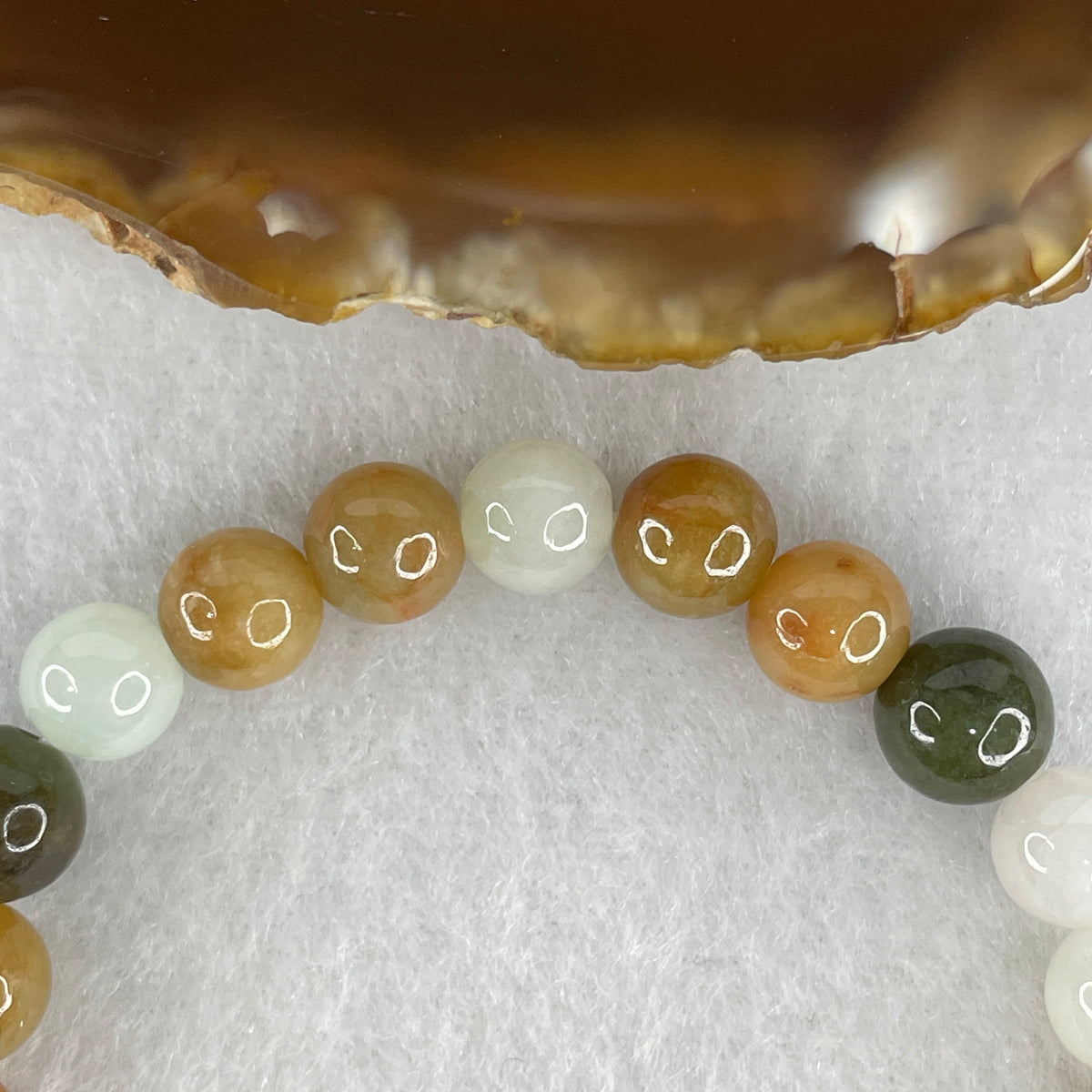 Natural Type A Brownish, White & Green Jadeite Beads Bracelet | 16cm  (21.31g | 24 Beads 7.5mm, 2 Beads 8.5mm Accents & 25.5x10.3x6.6mm Focal Charm | Grounding Stability, Heart Harmony & Earth-Wood Abundance)