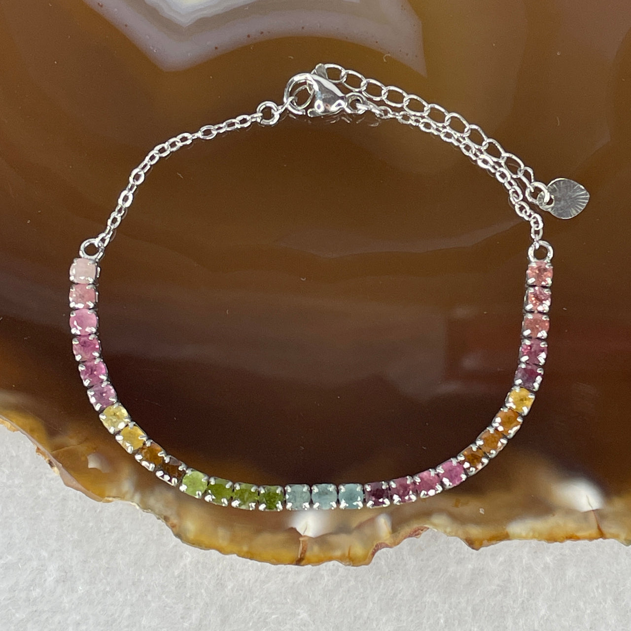 Natural Rainbow Tourmaline Multi-Stone Bracelet | S925 Sterling Silver Adjustable 13-17cm Pastel Kaleidoscope Fine Layering Chain (2.57g, 3.0mm 30 Pieces)