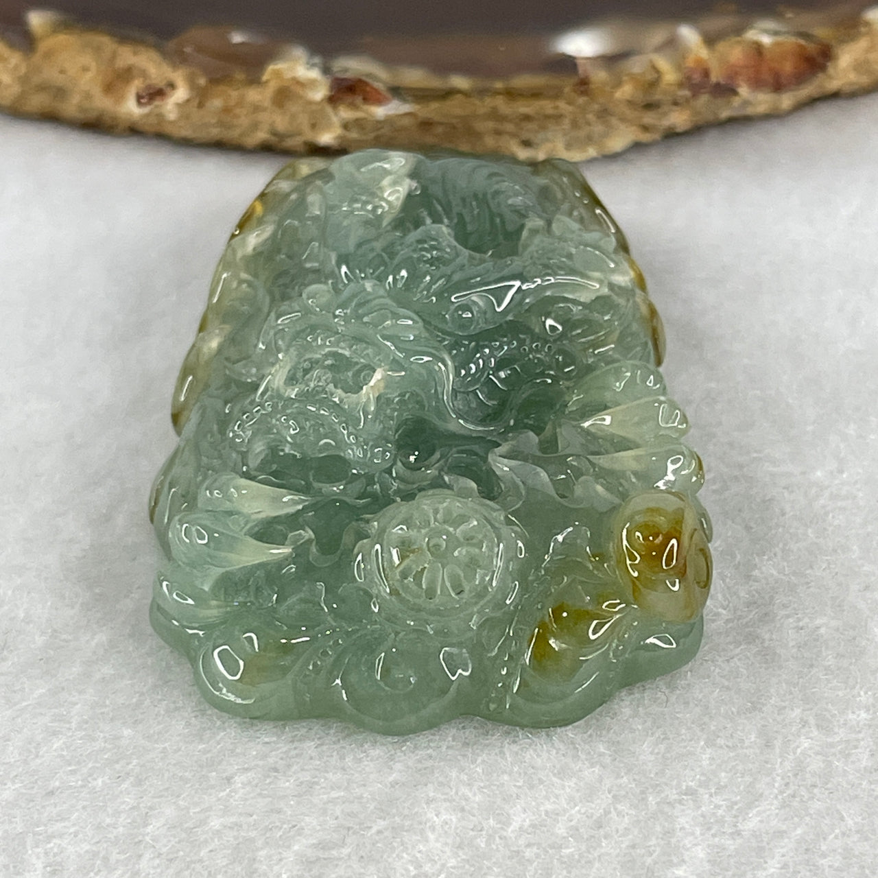 Natural Type A Jadeite Dragon Pendant | Jelly Blue-Green & Honey Yellow Carved Jade Amulet (52.42g, 60.5mm)