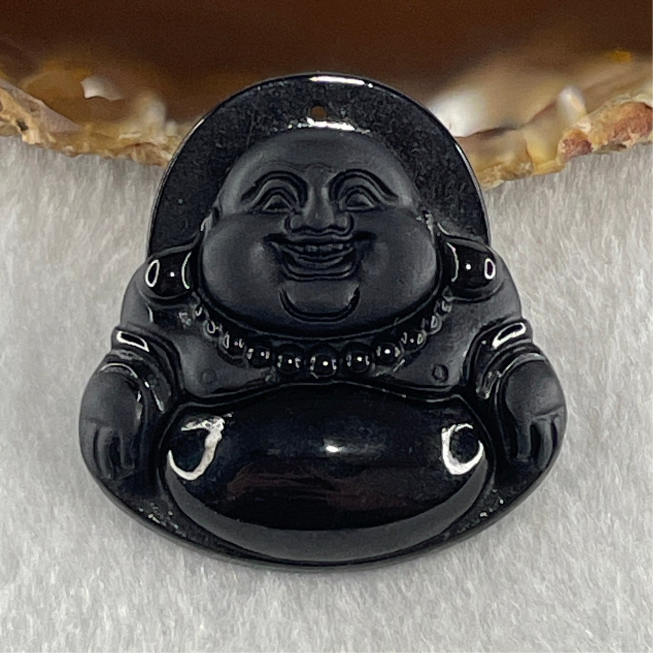 Type A Opaque to Partial Translucent Black Jadeite Milo Buddha Pendant 13.36g 36.1 by 35.0 by 8.1mm - Huangs Jadeite and Jewelry Pte Ltd