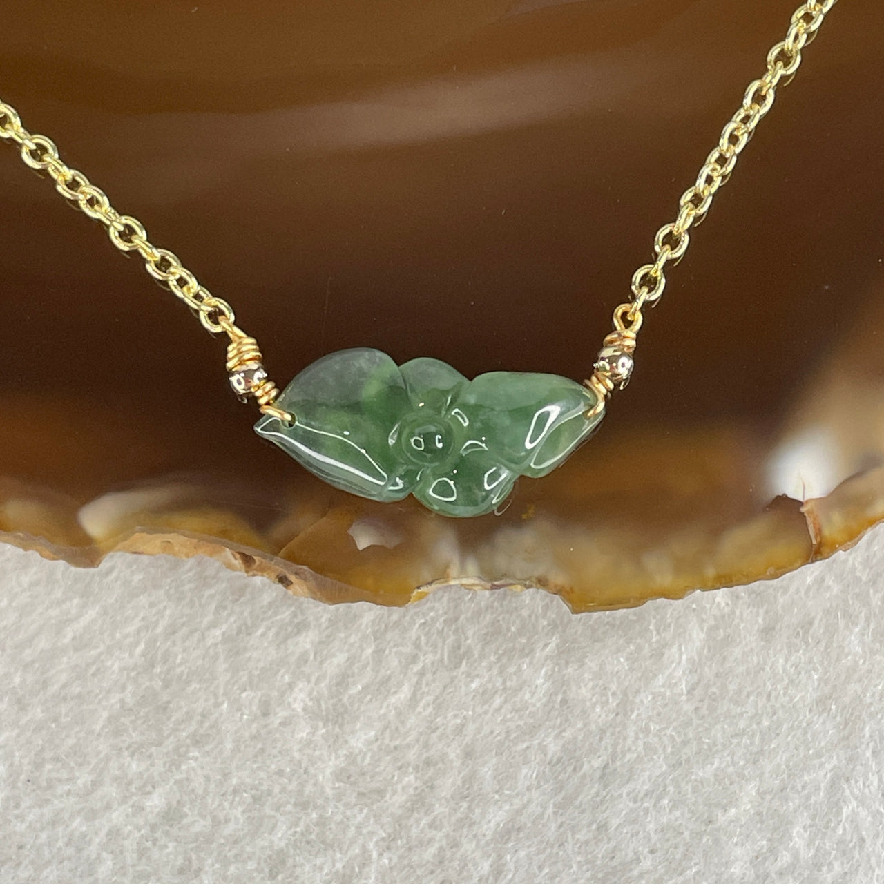 Natural Type A Semi Icy Green Jadeite Lotus Flower with Gold Color Necklace 4.37g 50-55cm 19.3 by 9.4 by 6.3mm - Huangs Jadeite and Jewelry Pte Ltd