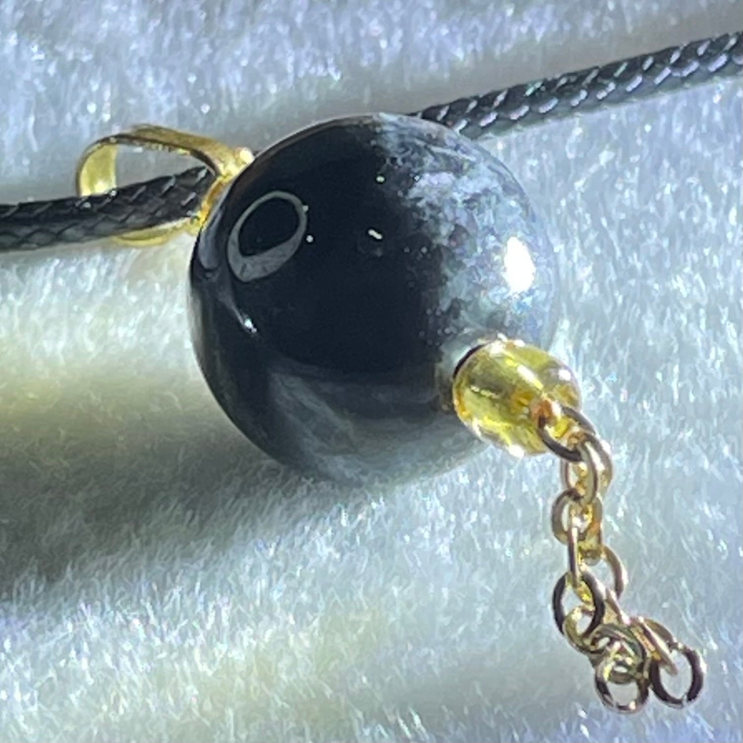 Type A Opaque Wuji Black Jadeite Bead Pendant with Black String Necklace 5.74g 13.3mm - Huangs Jadeite and Jewelry Pte Ltd