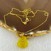 18K Yellow Gold Natural Cognac Amber Milo Buddha Pendent in S925 Sliver Gold Color Necklace 2.05g 18.6 by 17.1 by 5.9mm - Huangs Jadeite and Jewelry Pte Ltd
