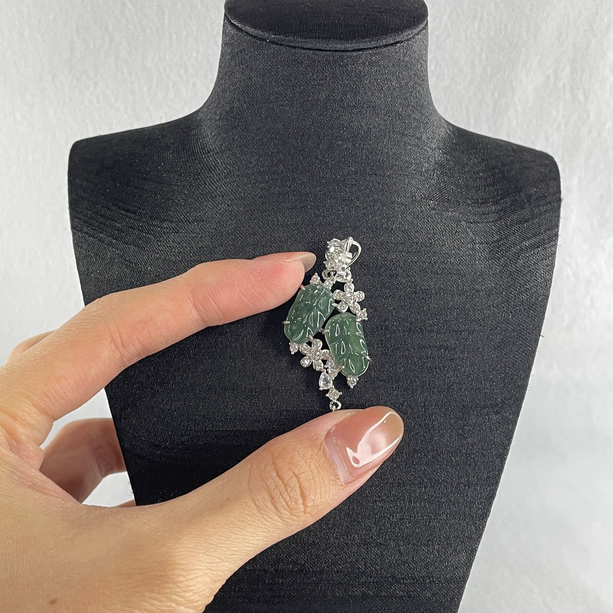 Natural Type A Icy Blueish Green Jadeite Double Leaf Pendant in S925 Silver |  (4.97g | 14.5 x 9.5 x 1.5mm | Double Growth & Executive Success Anchor, Feng Shui Prosperity & Harmony Pendant) - Huangs Jadeite and Jewelry Pte Ltd