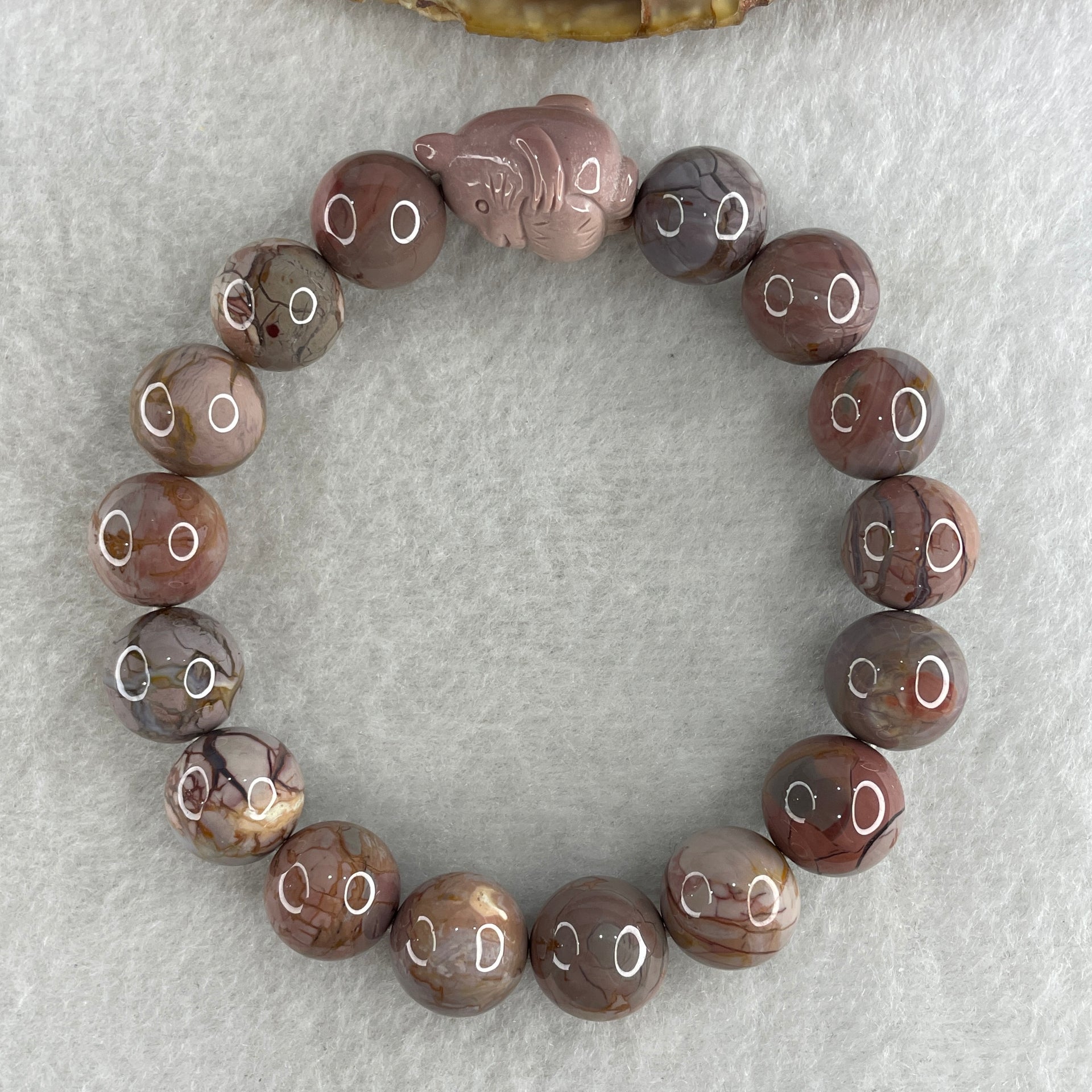 Natural Alashan Agate Greyish Pink Beads with Rat Charm Bracelet 39.00g 16.5cm 11.8mm 16Beads - Huangs Jadeite and Jewelry Pte Ltd