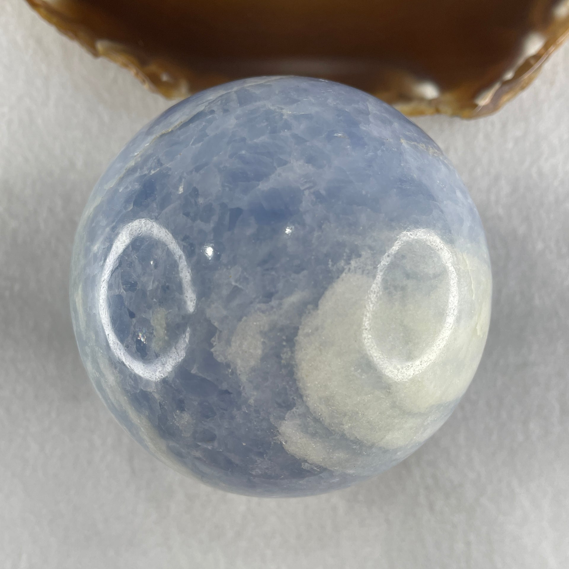 Natural Blue Calcite Ball with Clear Acrylic Display 662.31g 76.5 by 94.5mm - Huangs Jadeite and Jewelry Pte Ltd