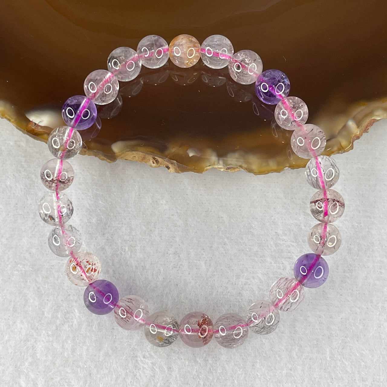 Certified Above-Average Grade Natural Super 7 Crystal Beads Bracelet | Fluid High-Clarity Petite Strand | Authentic Sacred Seven Multi-Mineral Inclusions Quartz Spiritual Catalyst & Auric Shield Bracelet (13.40g | 15.5cm Length | 7.3mm | 26 Beads)