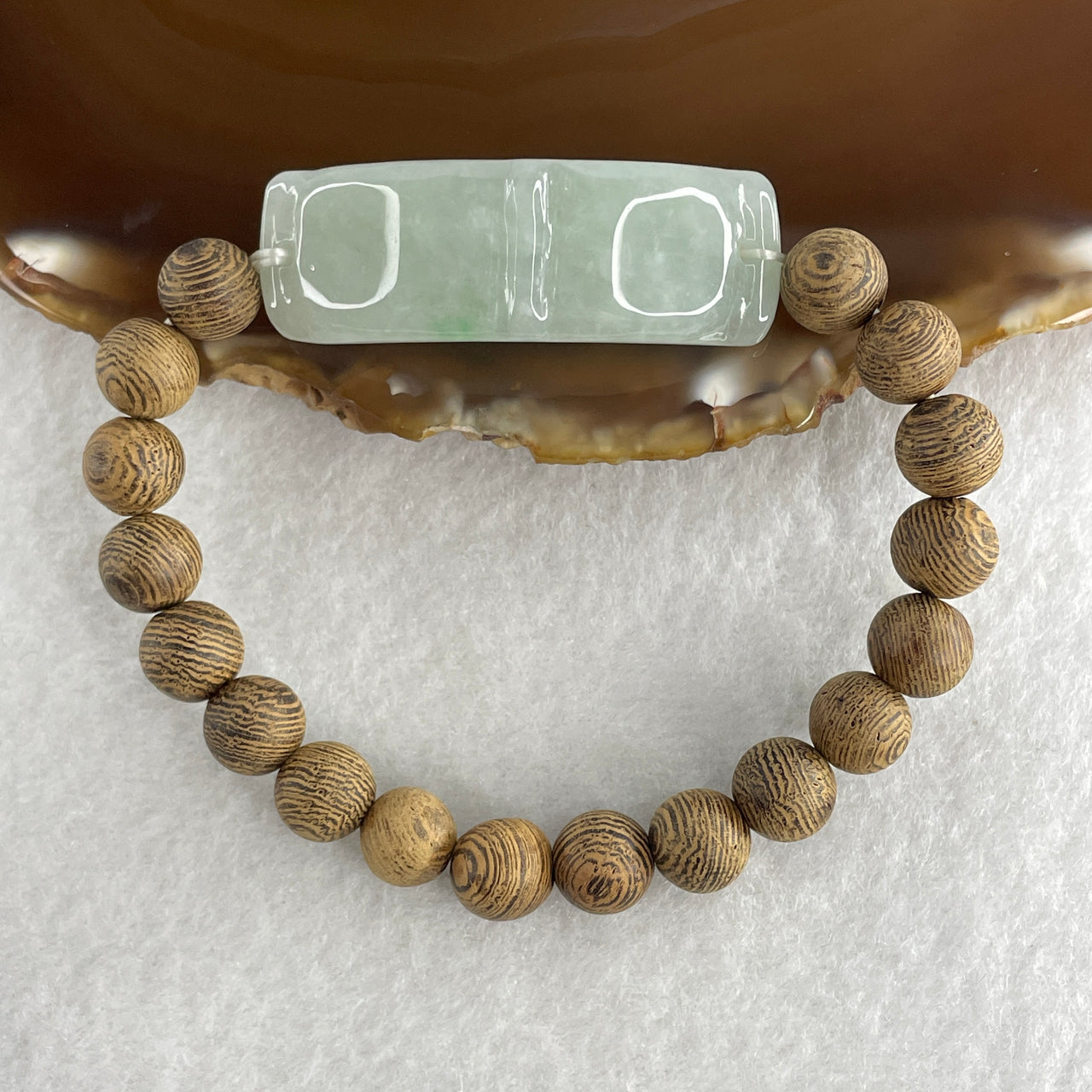Natural Type A Light Green Jadeite Bamboo with Wooden Beads Bracelet 12.96g 16cm 42.1 by 14.4 by 4.7mm