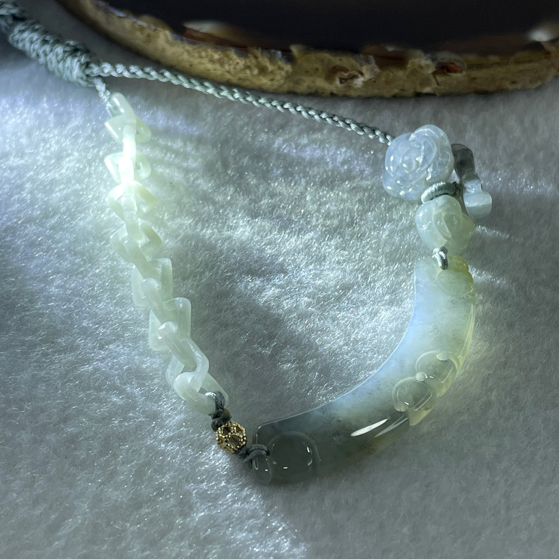 Natural Type A Semi Icy Wuji Grey Jadeite Ruyi with Flower and Butterfly Necklace 12.14g 50.1 by 12.6 by 3.9mm - Huangs Jadeite and Jewelry Pte Ltd