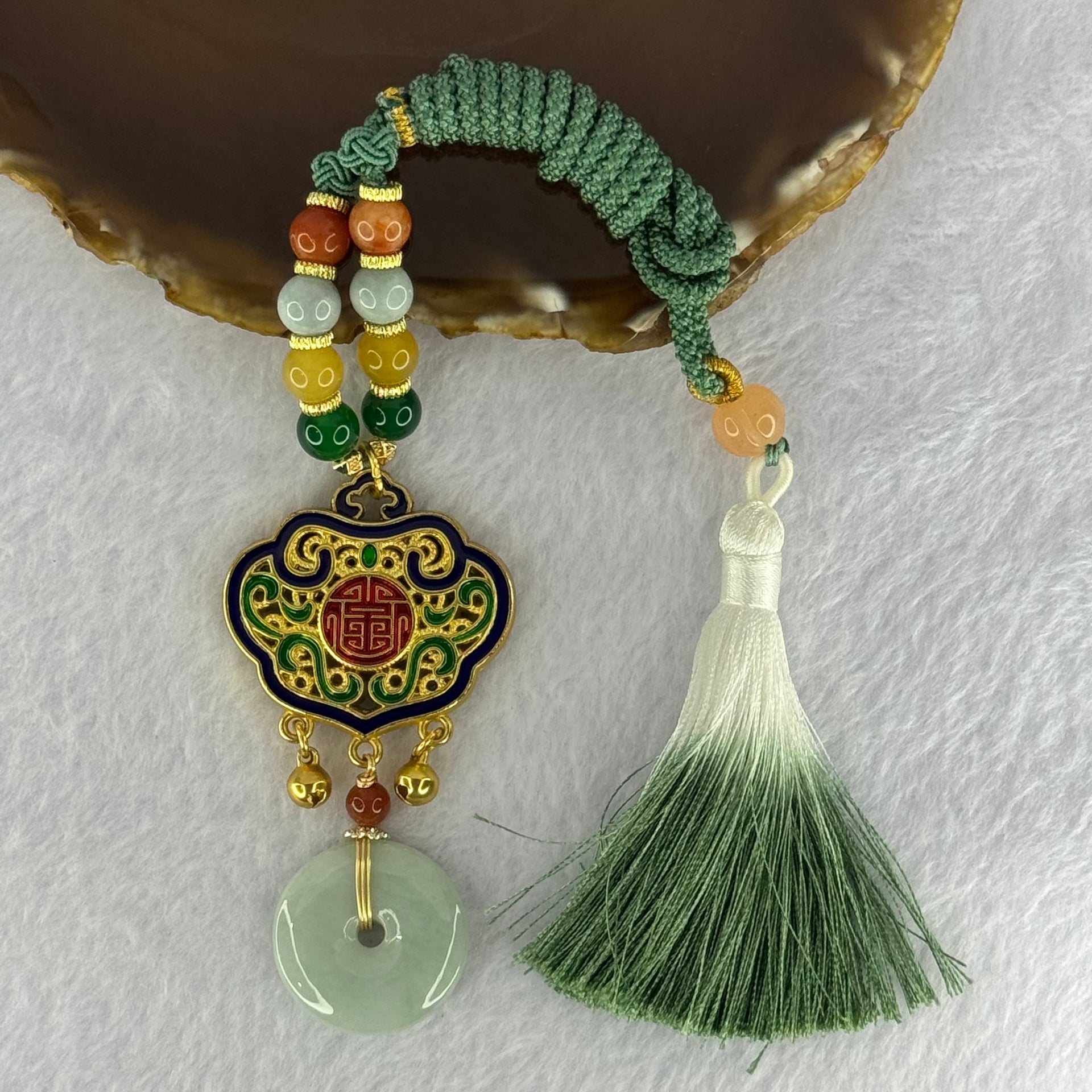 Type A Light Green Jadeite Ping An Kou Donut 25.7 by 5.7mm with Crystals Necklace 37.89g - Huangs Jadeite and Jewelry Pte Ltd