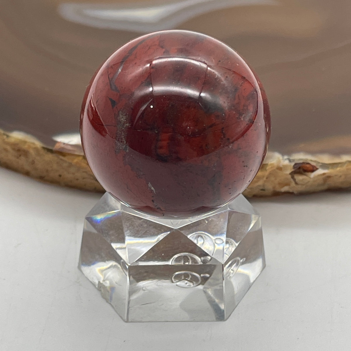 Natural Red Jasper Mini Sphere Ball with Clear Acrylic Stand Display | (48.91g | 30.4mm | 44.0mm | Anchor, Supreme Nurturer & Endurance Catalyst, 360° Energy Harmonizer & Feng Shui Stability Catalyst)