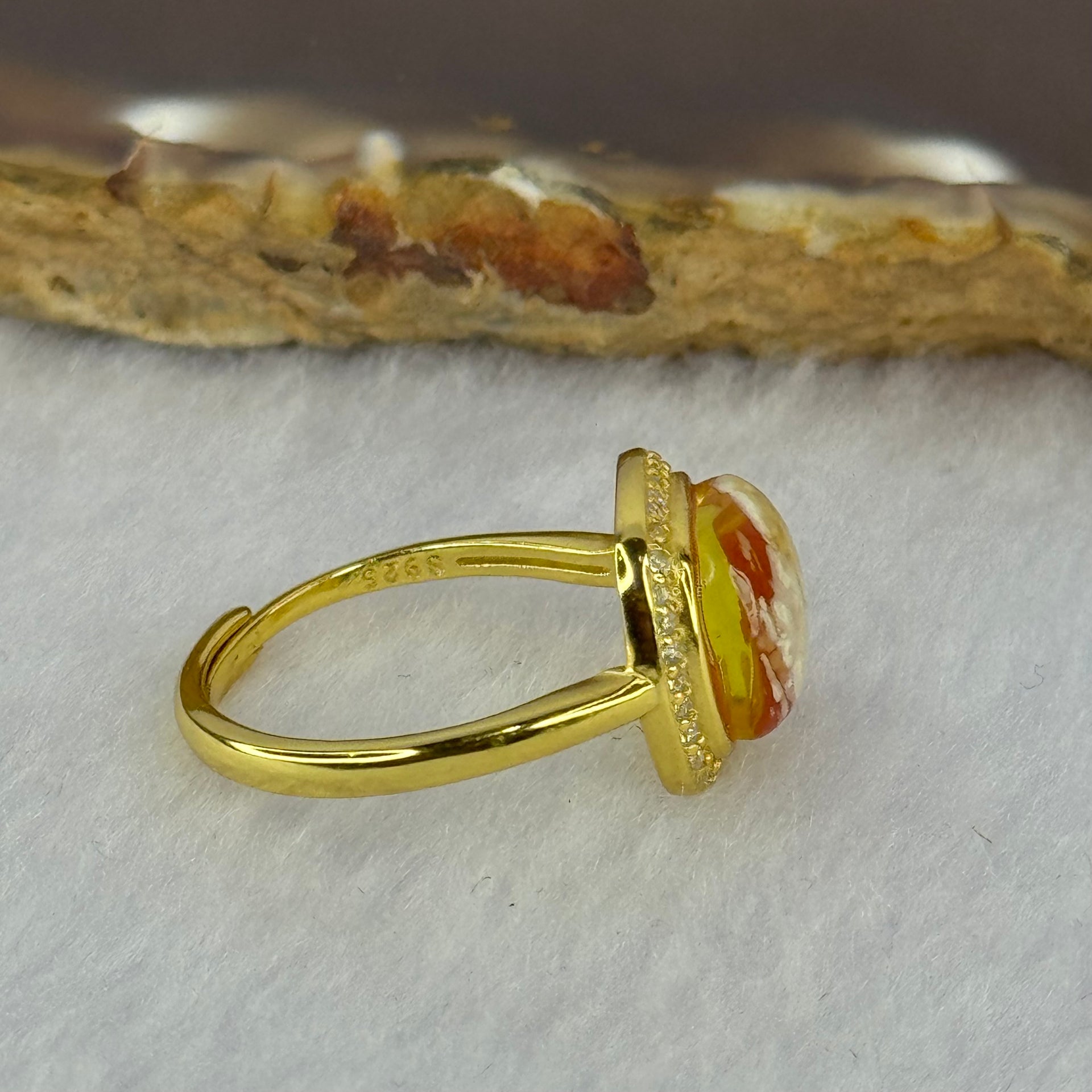 Natural Honey Yellow Amber with Milk Inclusions in S925 Sliver Gold Color Ring (Adjustable Size) 2.32g 9.7 by 9.0 by 4.0mm - Huangs Jadeite and Jewelry Pte Ltd