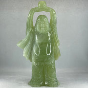 Natural Green Serpentine Stand Laughing Milo Buddha with Wealth Pot with Wooden Stand Display 1,599.3g 140.0 by 90.0 by 270.0mm - Huangs Jadeite and Jewelry Pte Ltd