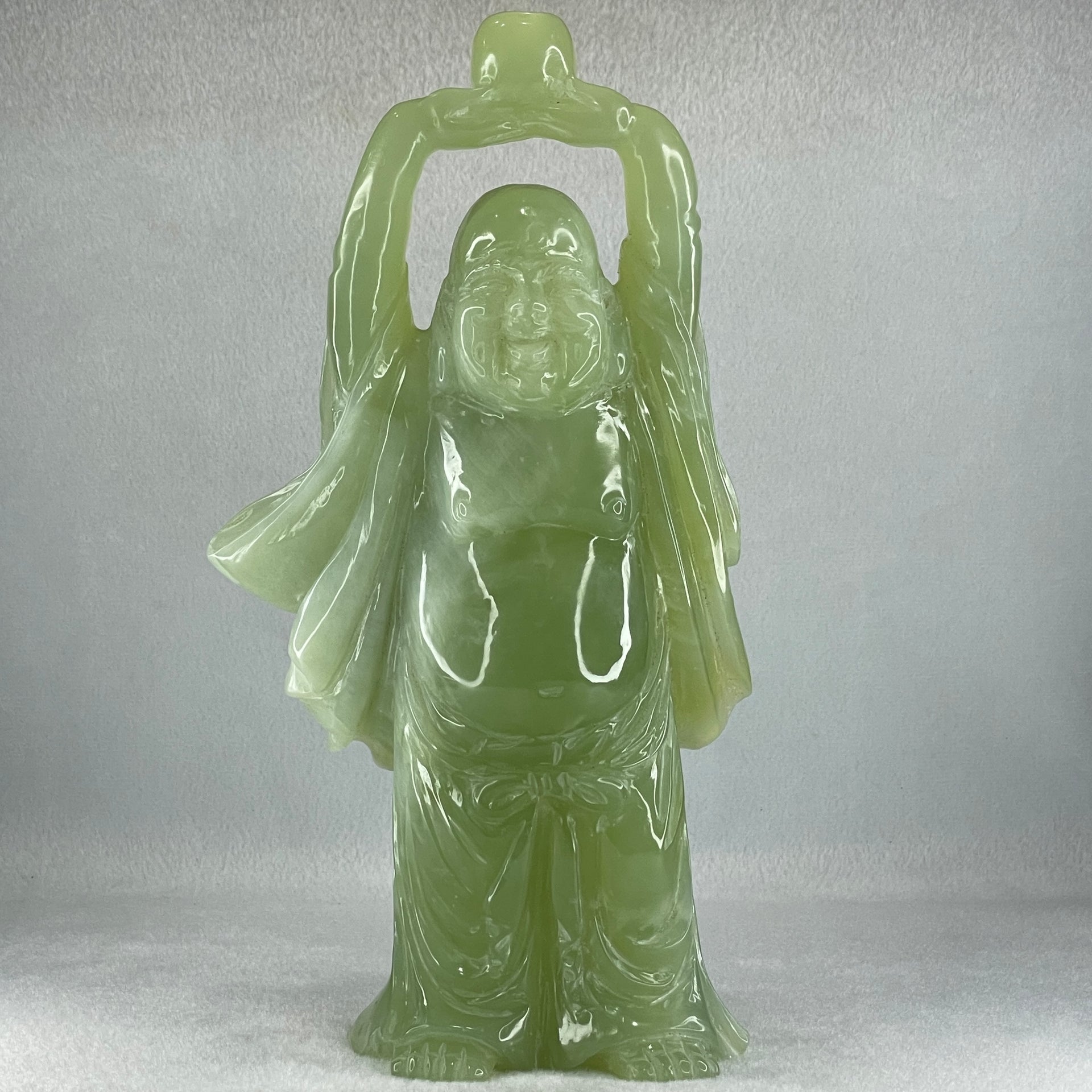 Natural Green Serpentine Stand Laughing Milo Buddha with Wealth Pot with Wooden Stand Display 1,599.3g 140.0 by 90.0 by 270.0mm - Huangs Jadeite and Jewelry Pte Ltd