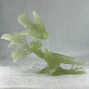 Natural Green Serpentine Twin Magpie Birds on Tree with Wooden Stand Display 453.4g 230.0 by 196.0 by 79.0mm - Huangs Jadeite and Jewelry Pte Ltd