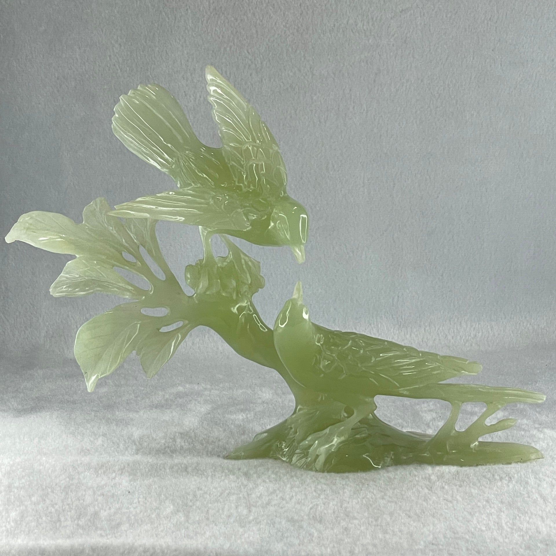 Natural Green Serpentine Twin Magpie Birds on Tree with Wooden Stand Display 453.4g 230.0 by 196.0 by 79.0mm - Huangs Jadeite and Jewelry Pte Ltd