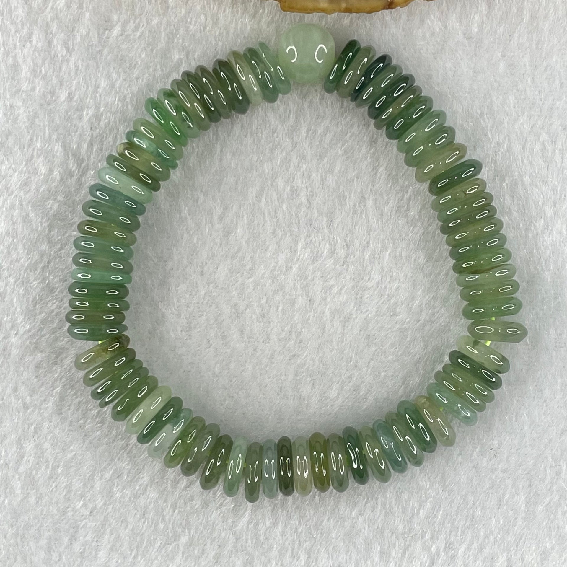 Type A Muti Blueish Green Shades with Yellowish Brown Jadeite Ping An Kou Donut with Jadeite Bead Bracelet 30.03g 15cm 9.0mm 74pcs 8.8mm 1 Beads - Huangs Jadeite and Jewelry Pte Ltd