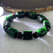 Type A Old Mine Spicy Green Jadeite Om Mani Padme Hum Barrel with Wood Beads Bracelet 55.97g 18cm 12.2 by 13.8mm - Huangs Jadeite and Jewelry Pte Ltd