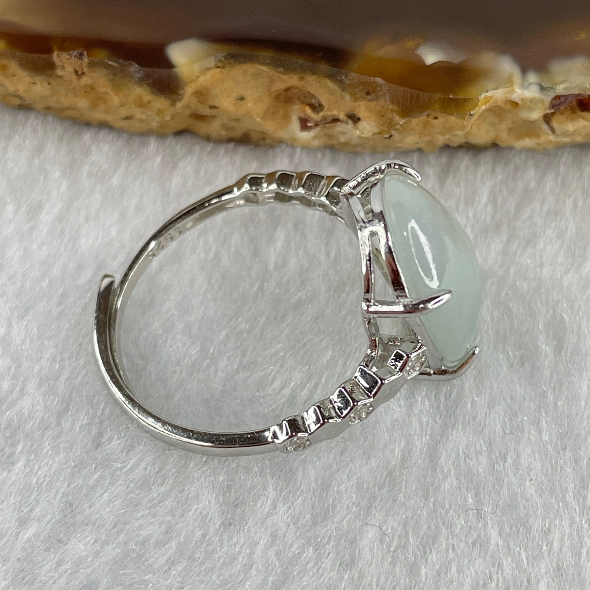 Natural Type A Semi Icy Faint Lavender Jadeite Oval Shape Cabouchon in S925 Silver Ring (Adjustable Size) 2.70g 14.8 by 11.1 by 4.5mm - Huangs Jadeite and Jewelry Pte Ltd