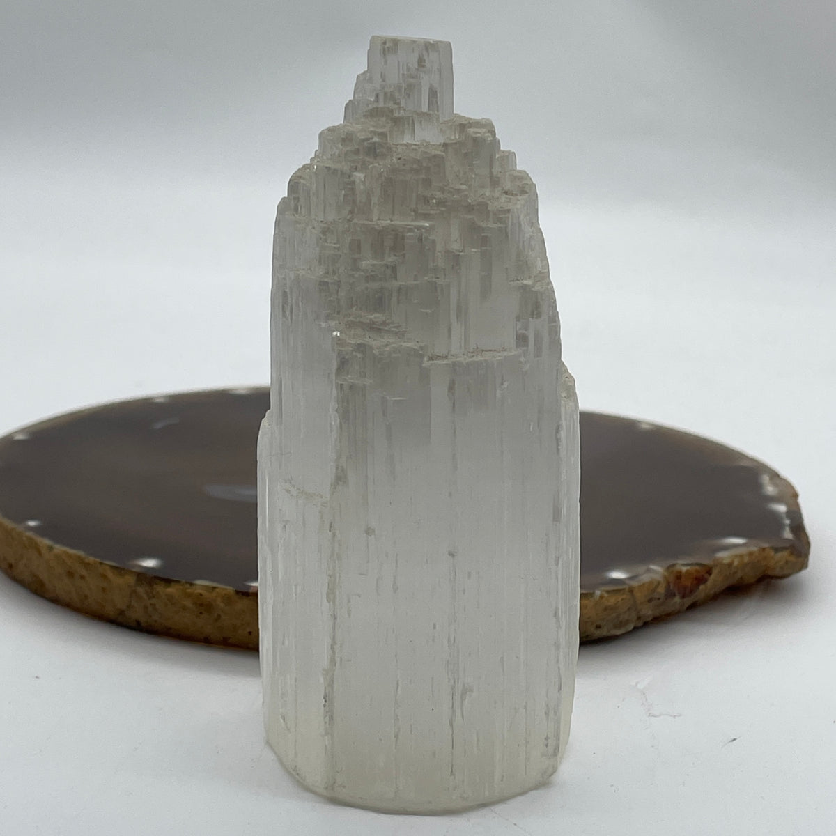 Natural Selenite Tower Display | (384.56g | 49.5 x 44.5 x 99.8mm | Master Cleanser, "Liquid Light" High-Vibration Energy Generator, Feng Shui Space Purifier & Charging Tower Catalyst)