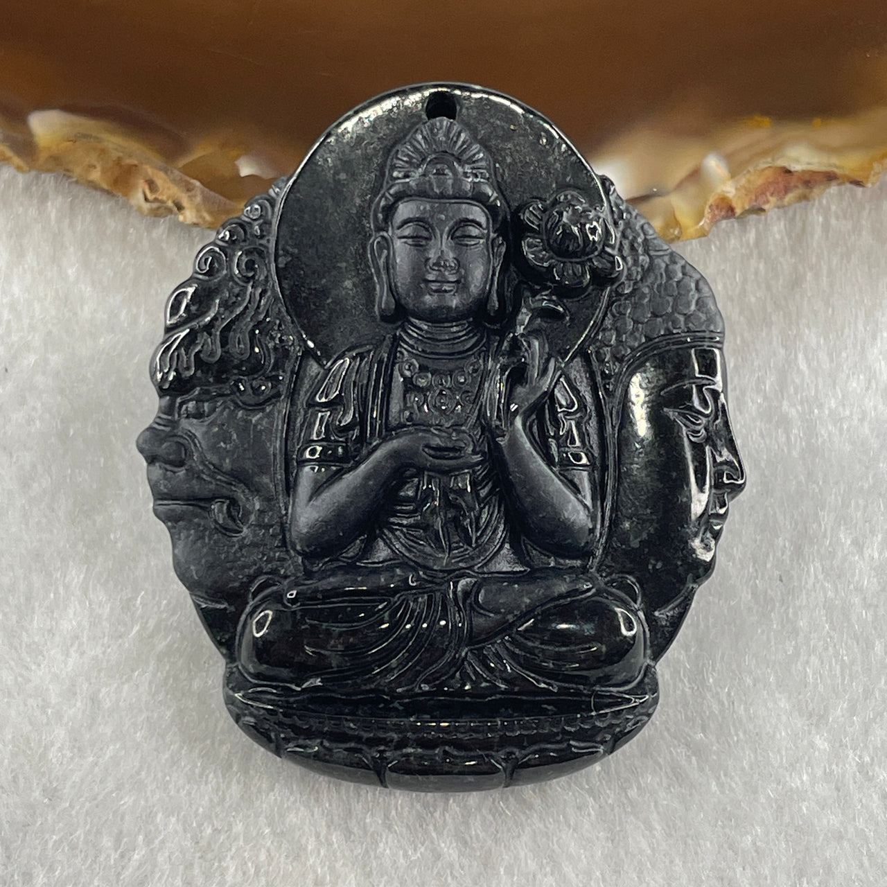 Type A Opaque Black Omphacite Jadeite Good Vs Evil Mahasthamaprapta Bodhisattva Pendant Horse Zodiac Guardian 41.32g 50.8 by 43.8 by 11.8mm - Huangs Jadeite and Jewelry Pte Ltd