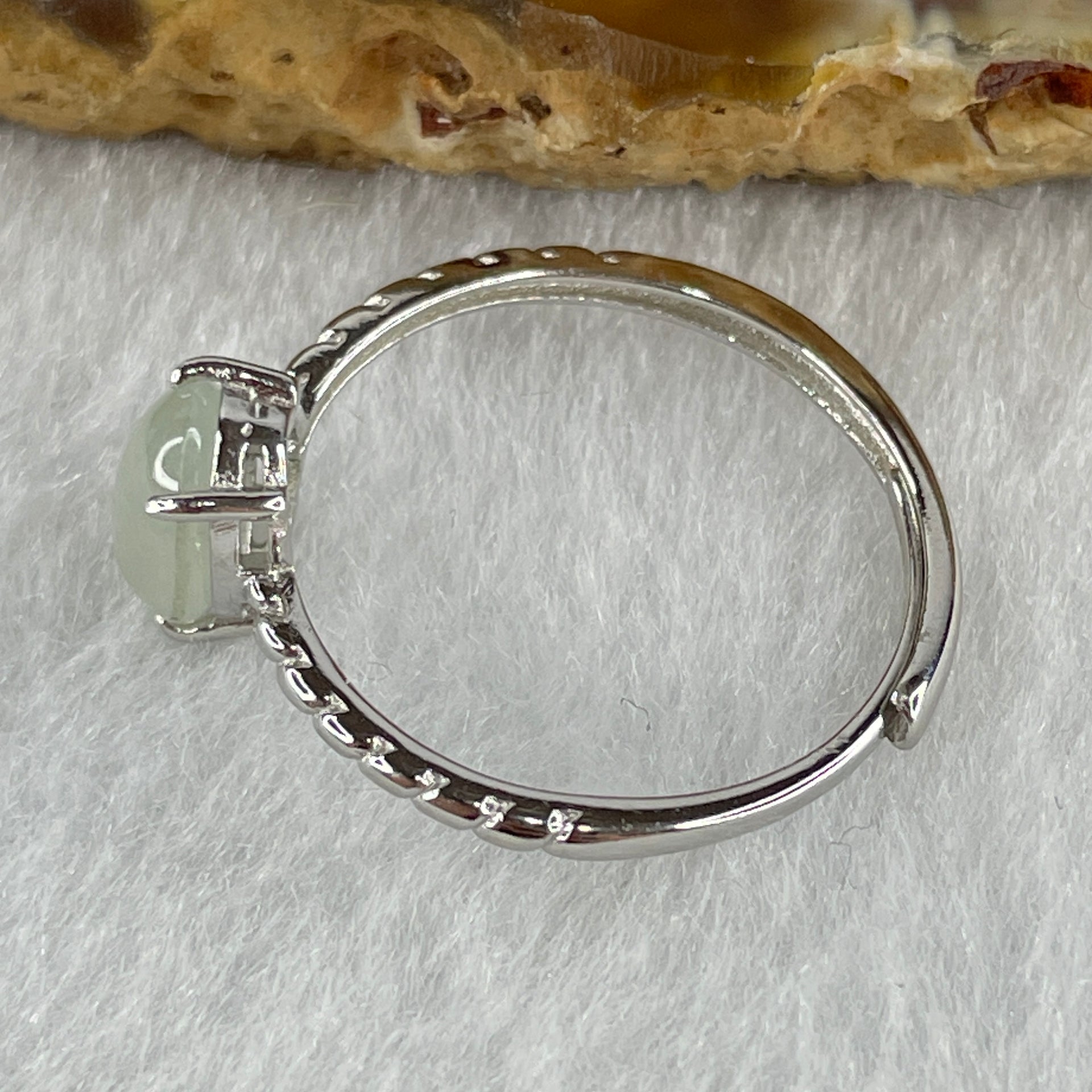 Natural Type A Semi Icy Faint Green Jadeite Oval Shape Cabouchon in S925 Silver Ring (Adjustable Size) 1.50g 7.9 by 6.3 by 3.5mm - Huangs Jadeite and Jewelry Pte Ltd
