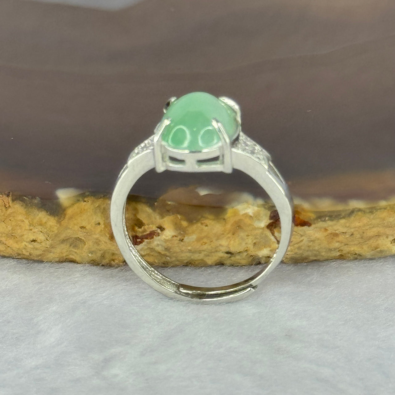 Type A Green Jadeite with Crystals in S925 Sliver Ring (Adjustable Size) 2.61g 11.2 by 9.3 by 4.5mm - Huangs Jadeite and Jewelry Pte Ltd