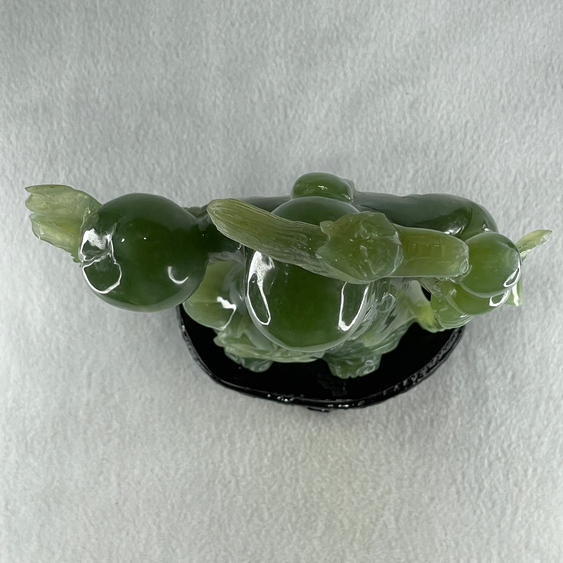 Natural Dark Green Serpentine Shou Xing Gong with Longevity Peach with Wooden Stand Display 1,383.8g 167.0 by 265.0 by 62.0mm - Huangs Jadeite and Jewelry Pte Ltd