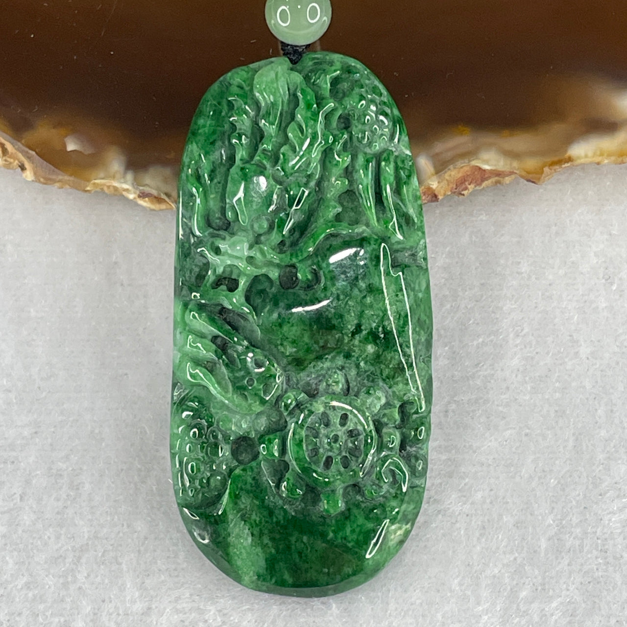 Certified Natural Type A Old Mine Green Jadeite Dragon with Coin Double Side Pendant 18.53g 53.3 by 25.5 by 6.3mm