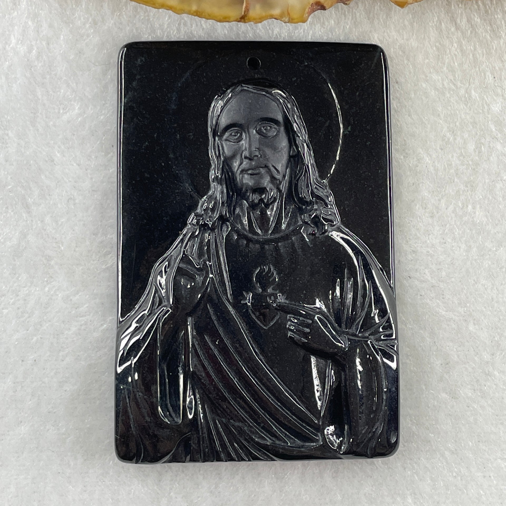 Type A Opaque Black Omphacite Jadeite Jesus Christ Pendant 40.65g 58.6 by 39.3 by 8.2mm - Huangs Jadeite and Jewelry Pte Ltd