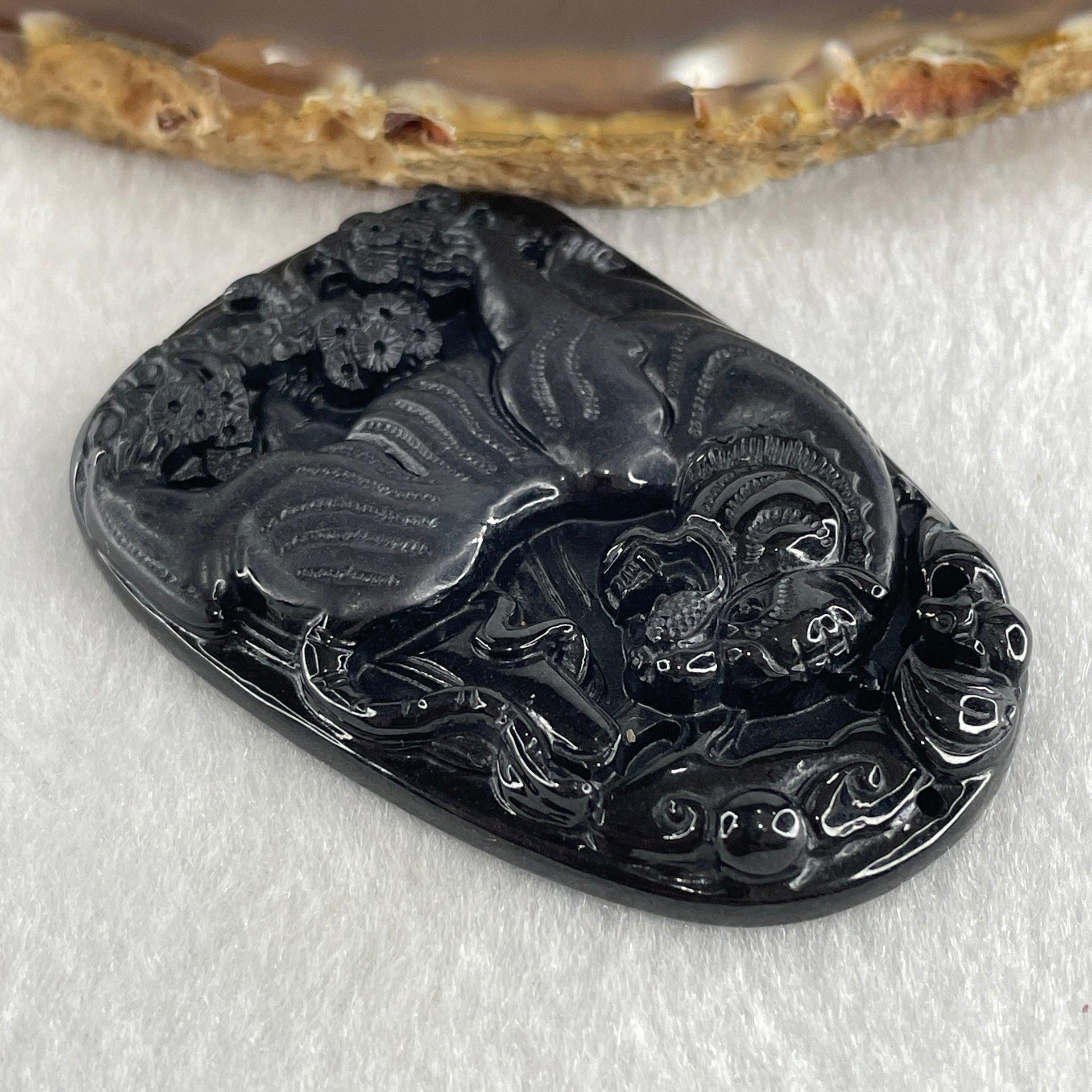 Type A Opaque to Partial Translucent Black Omphacite Jadeite Tiger Pendant 24.24g 56.8 by 40.5 by 7.5mm - Huangs Jadeite and Jewelry Pte Ltd