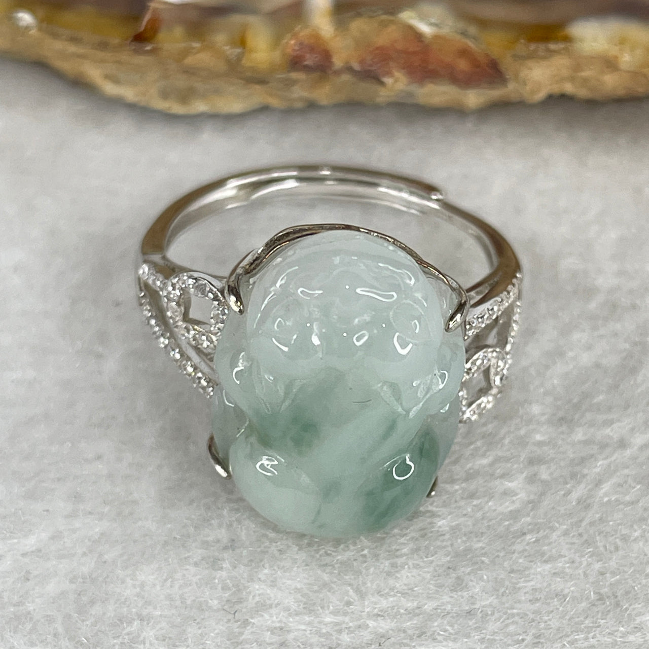 Type A White Jadeite Ring | Ethereal Floating Blueish-Green Flora (Piao Hua) | Master Hand-Carved Prosperity Pixiu | Solid S925 Sterling Silver Setting | Smart Adjustable Sizing (4.77g 18.5x12.7x6.5mm)